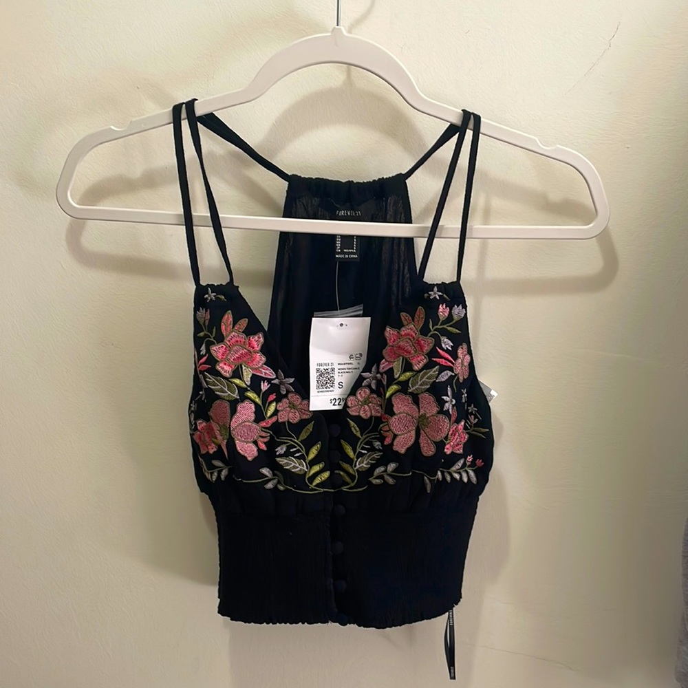 Black top embroidered flowers